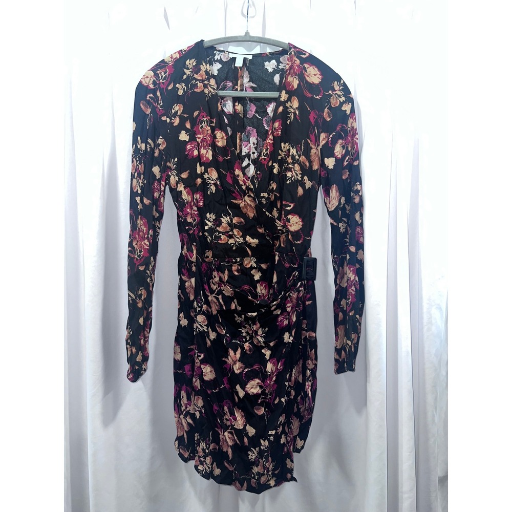 Leith Womens Floral Long Sleeve Wrap Mini Dress Black Pink Small